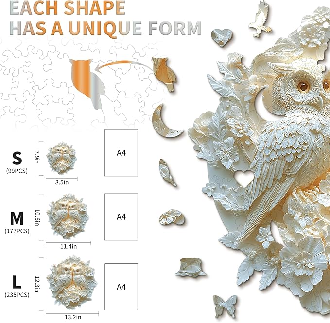 KAAYEE Wooden Puzzles for Adults, Couple Owl Wooden Jigsaw Puzzle Unique Shape Wood Puzzle Adult, 3D Visual Effect Flat Puzzle Birthday Family Games (M-11.4 * 10.6 in-177pcs)