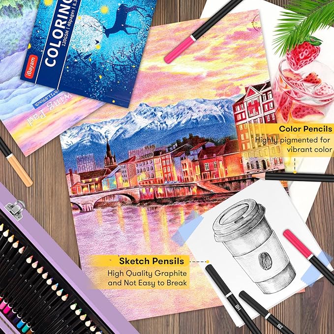 Stocking Stuffers for Kids Teens Adults, Birthday Party Art Supplies, Christmas Gifts for Teenagers, 150-Pack Wooden Art Set Crafts Drawing Painting Kit with 1 Coloring Book, 2 Sketch Pads