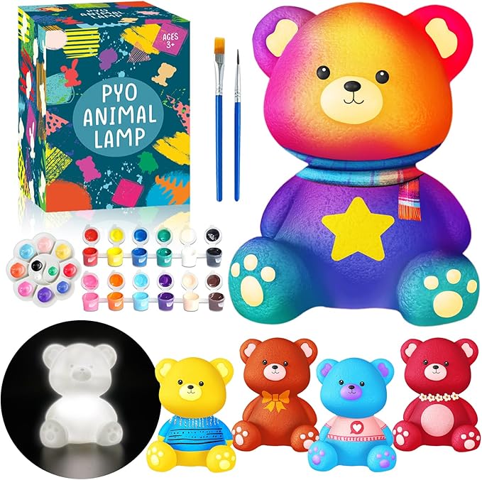FUNZBO Paint Your Own Bear Lamp Kit - Easter Basket Stuffers Gift, Arts and Crafts Supplies Painting Kits for Kids Teens, DIY Night Light Toy for Toddlers Girls Boys Ages 3 4 5 6 7 8 9 10 11 12 13 +