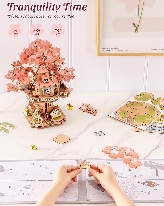 ROBOTIME DIY Miniature House Kits for Adults, 3D Wooden Puzzles for Teenager, Japanese Cherry Blossom Tree Sakura Bonsai Plants for Birthday Gifts and Hobbies (Sakura Tree House)
