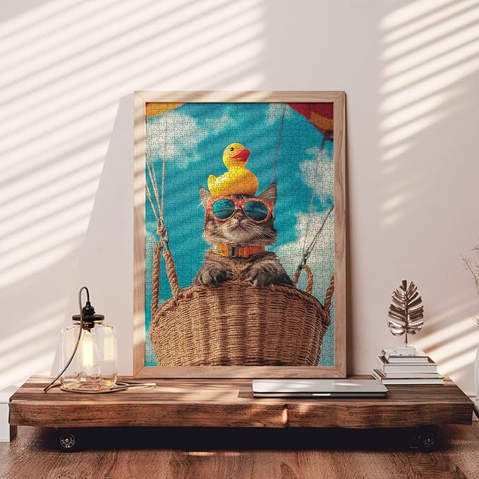 Cute Cat Wearing Colorful Lenses Jigsaw Puzzle 1000 Pieces for Adults, Skydiving in The Air Art Puzzles Colorful DIY Crafts Puzzles for Home Decor Gifts, Family Challenging Perfect for Game Nights