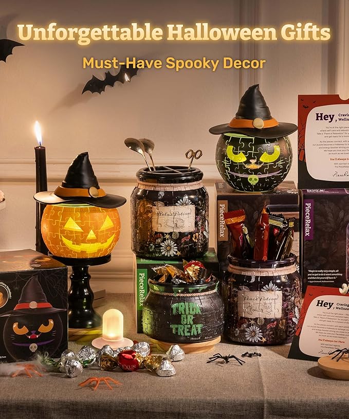 PieceRelax Halloween 3D Puzzle Candle Light 80 Pieces - LED Jack O’ Lantern - Rechargeable Plastic Pumpkins for Indoor & Outdoor Spooky Decorations, Magic Cat [KL1075]