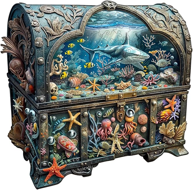 Wooden Puzzles for Adults - Treasure Chest Ocean Wooden Jigsaw Puzzle, Unique Shape Ocean Wood Puzzles Adult, Gifts for Family and Friends, Wall Art Home Decor (L-13.4 * 13.1in -275 Pieces)