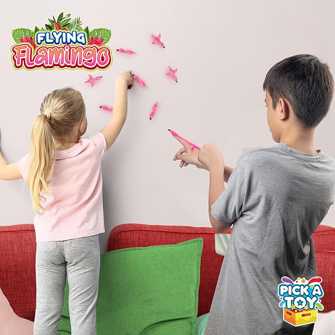 PICK A TOY 36 Pcs Flamingo Party Favors Toys for Kids, Bird Shooter Game Finger Flicker, Tropical Themed Decorations, Treasure Chest for Kids Prizes, Flying Chicken Slingshot