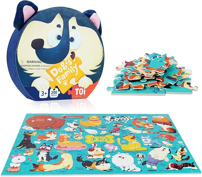 TOI Dogs Puzzle for Kids Ages 3-5, 200 Pieces Jigsaw Puzzles for Toddlers with Dog-Shaped Portable Box, Preschool Learning Dog Game for Boys & Girls Gift