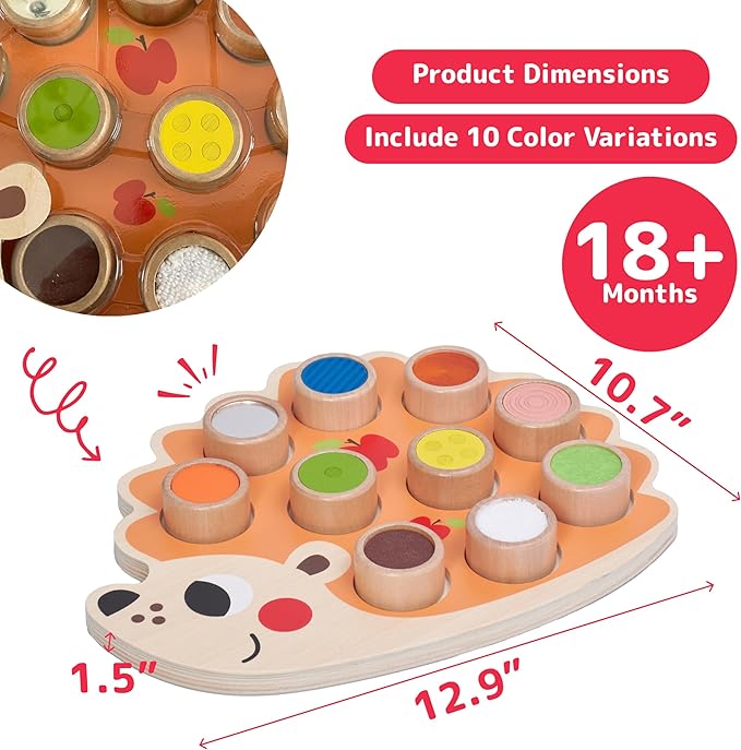 PREXTEX Sensory Hedgehog Toys for Toddlers - Montessori Color Sorting Toys - Includes 1 Wooden Board and 10 Colored Sensory Blocks - for Ages 12 Months and Up - Educational Toy - 1.5x12.9x10.7 in
