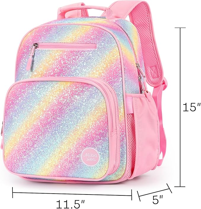 mibasies Girls Backpack 5-8: Glitter Kids Backpacks for Girls - Girl Bookbag for Elementary School - Twill Rainbow Pink