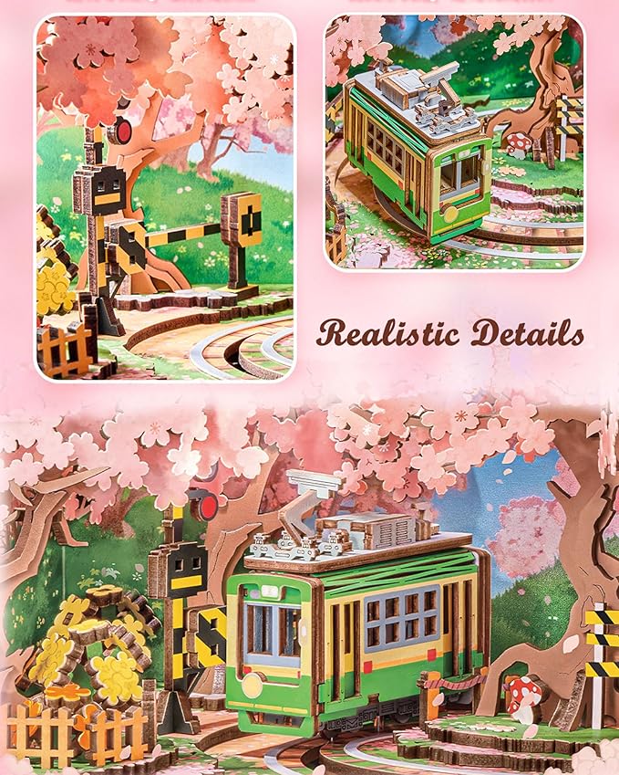 Rolife 3D Wooden Puzzles for Adults DIY Book Nook Kit 16" Japanese Cherry Blossom Music Box Toy Building Set Home Decor Gifts for Girls Boys Adults (Sakura Dreamy Tour)