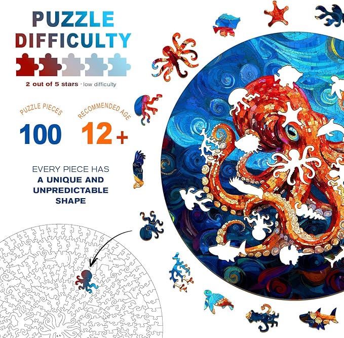 Wooden Puzzles for Adults - Deep-Sea Octopus Wooden Jigsaw Puzzle - Unique Animal Shaped Wood Puzzles Adult - Christmas Birthday Gifts for Adults/Friends/Family - 100pcs 8.4 * 8.4in