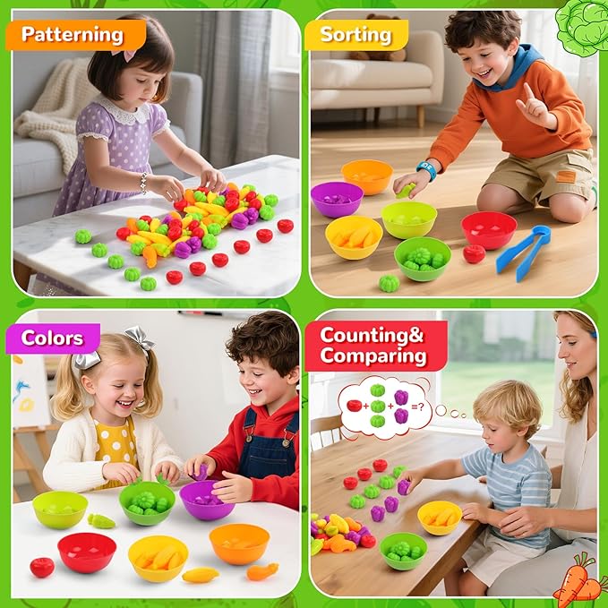 USATDD Counting Vegetables Color Sorting Matching Games with Bowls Preschool Learning Activities for Educational Sensory Montessori STEM Toy Sets Gift for Toddlers Kids Boys Girls Aged 3-5