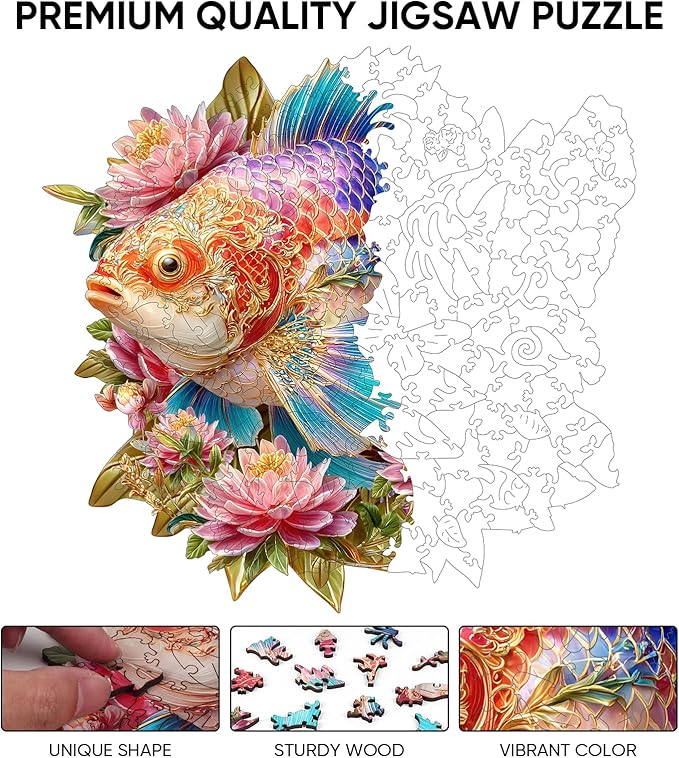 Wooden Puzzles for Adults, Lucky Carp Wooden Jigsaw Puzzles 203pcs, 11.1x11.5 inch Art Adult Puzzles, Irregular Wood Puzzles Creative Gift for Adults