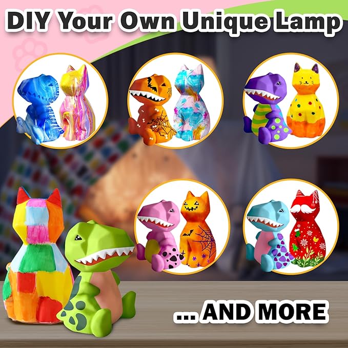 FUNZBO 2Pcs Paint Your Own Dinosaur & Cat Lamp - Arts and Crafts Supplies Painting Kits for Kids Teens Adults, DIY Night Light Toy for Toddlers Girl Boy Ages 3 4 5 6 7 8 9 10 11 12 13 + Birthday Gifts