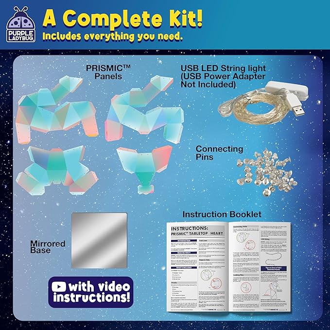 PURPLE LADYBUG Prismic Make Your Own 3D Heart Table Light for Girls, DIY Room Decor Craft, Gift for Girls 8, 9, 10, 11, 12-16 Years Old, Tweens & Teens, Birthday Gifts, Kids Arts and Crafts