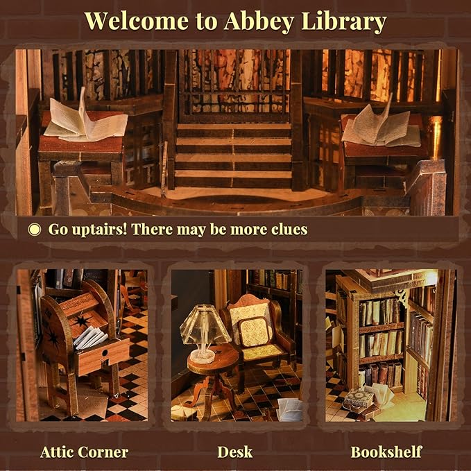 Book Nook Kit, DIY Miniature House Dollhouse Kit for Adults and Teens, Booknook Tiny House Bookshelf Decor with LED Light and Dust Cover (Abbey Library)