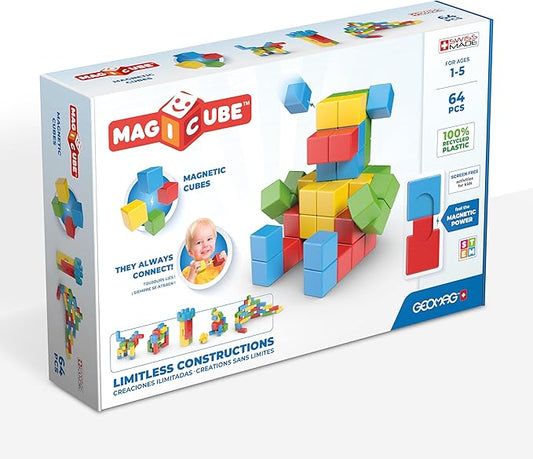 Geomag Magicube 64pcs Magnetic Blocks - Magnetic Building Blocks for Toddlers 1-3, Montessori Toys for 1+ Year Old, Autism Sensory Product, Magnets for Kids