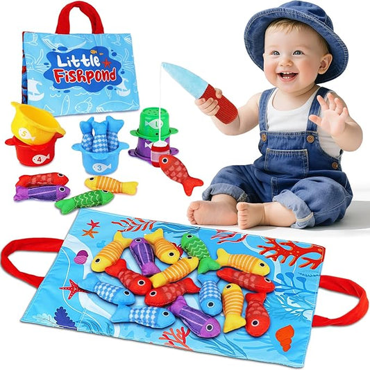 Montessori Toys for 1 Year Old Boy Girl - Toddler Toys Cloth Fishing Game with Stacking Cups - Sorting Learning Baby Toy 12-18 Months One Year Old Boys Girls First Birthday Gifts for 1 2 Year Old