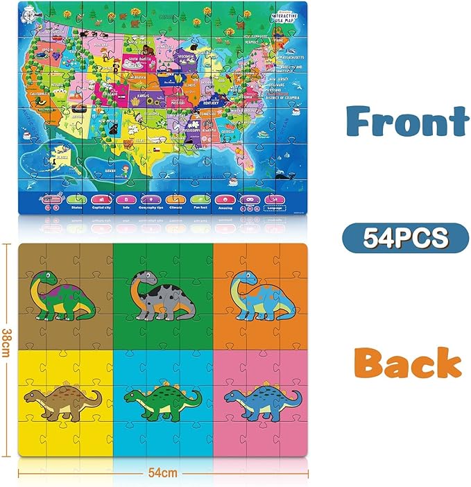 Puzzles for Kids United States Dinosaurs Floor Puzzle, 54 Piece Double-Sided, USA Map Jigsaw Puzzle for Ages 3-8 & 8-10, 21'x15' with Geographic Stickers