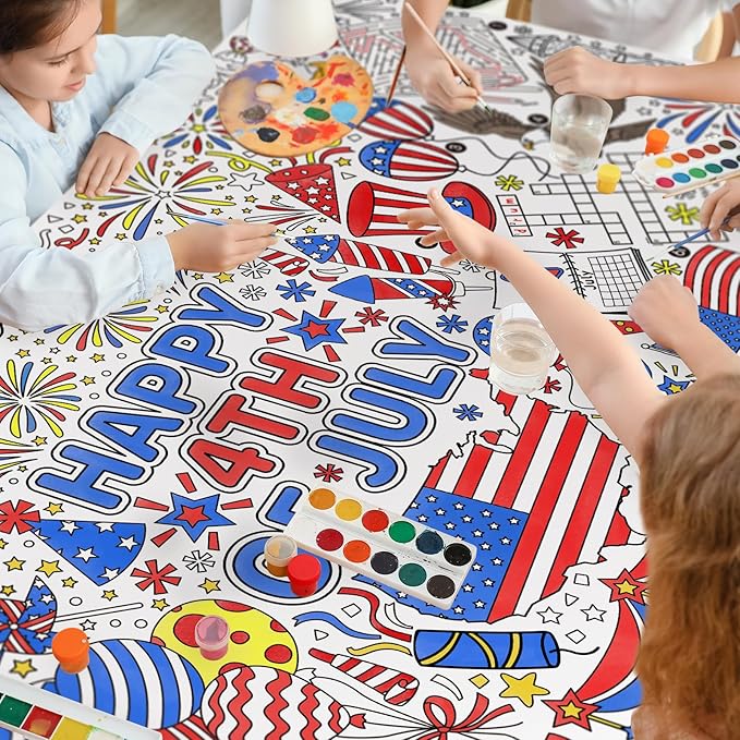 Gatherfun 4th of July Coloring Tablecloth | Patriotic Giant Poster 31.5x72 | Ideal for Independence Day Decor & Activities | American Flag-Themed for Classroom Wall or School Party Table Cover