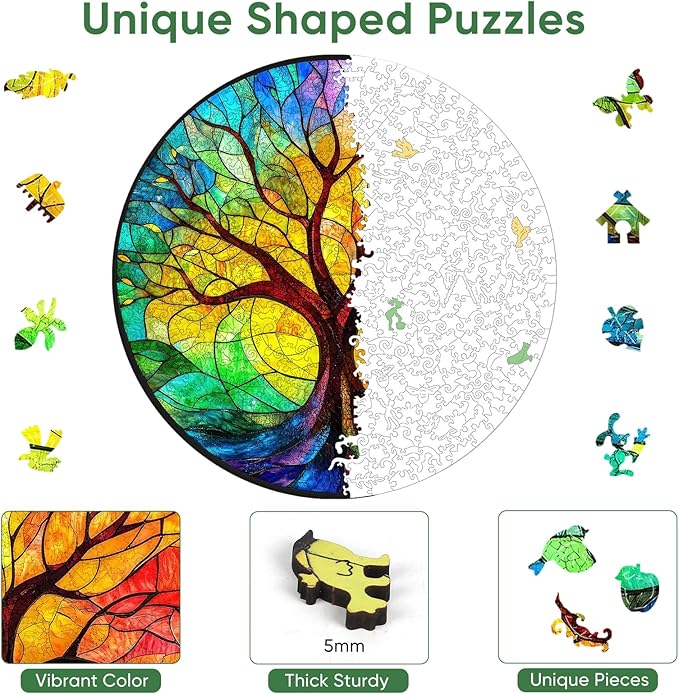 Ruikiyart Wooden Puzzles for Adults, 5MM 500 Pieces Colorful Tree Wooden Jigsaw Puzzles, Tree Puzzle Unique Shaped for Adults and Kids on Birthday, Thanksgiving, Family Puzzle Games (16.5"*16.5")
