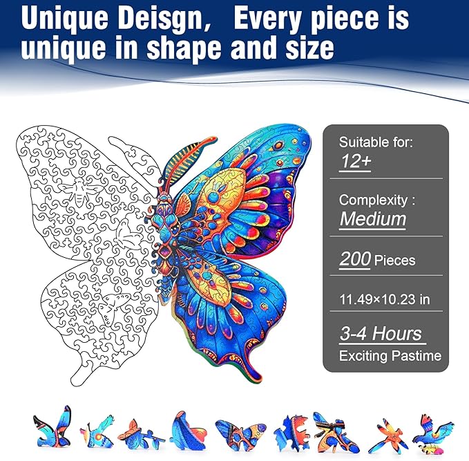 Wooden Puzzles for Adults, 200 Piece Butterfly Wooden Jigsaw Puzzles, Unique Puzzles with Beautiful Wooden Box, Challenging Puzzles for Older, Puzzle Lovers, 11.49" x 10.23"