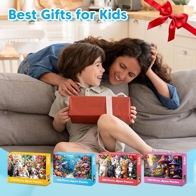 4 Packs 100 Piece Puzzles for Kids Ages 4-6 6-8 8-10, Sea World Cats&Dogs Mushroom House Educational Jigsaw Puzzles, Kids Puzzles 5-8 Gifts for Girls Boys