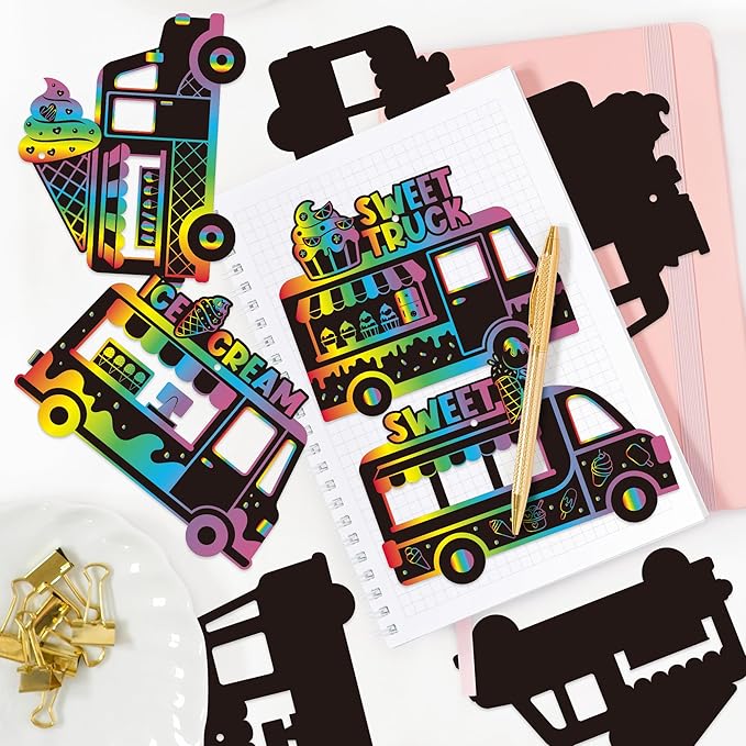 CY2SIDE Ice-Cream Truck Scratch Cards - 60PCS Summer Ice Cream Cart Scratch Craft Paper Ornament Gift Set for Kid, Dessert Truck Magic Rainbow Color Craft Kit for Kid Birthday Party School Activity