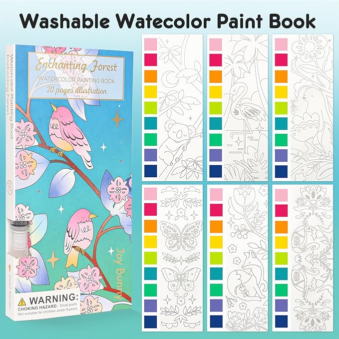 Watercolor Painting Coloring Books Pocket Watercolor Paint Bookmarks, Mess Free Paint with Water Set, Travel Class Activities Art Party Favors Exchange Birthday Gifts for Kids (Enchanting forest)