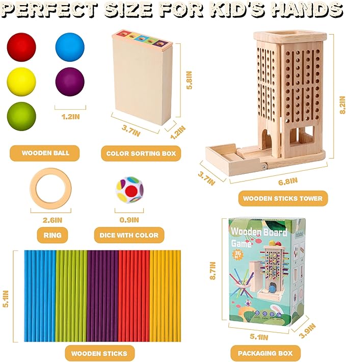 4-in-1 Board Game for Kids, Wooden Sorting & Stacking|Pick-up Sticks|Counting|Ball Drop Tower, Family Games for Kid and Adult, Montessori STEM Learning Toy for 3 4 5 6 7 8 Year Old Boy Girl