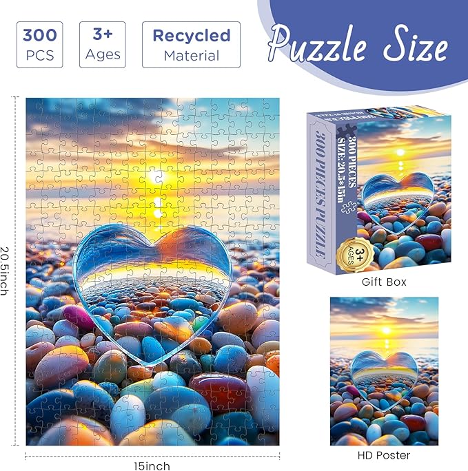 300 Piece Puzzles for Adult, Sunset Beach Jigsaw Puzzles 300 Pieces for Adults Kids Senior, Love Cobblestone Theme Adult Jigsaw Puzzles, Challenging Family Fun Puzzle Activity Game Gift 20.5 X 15 in