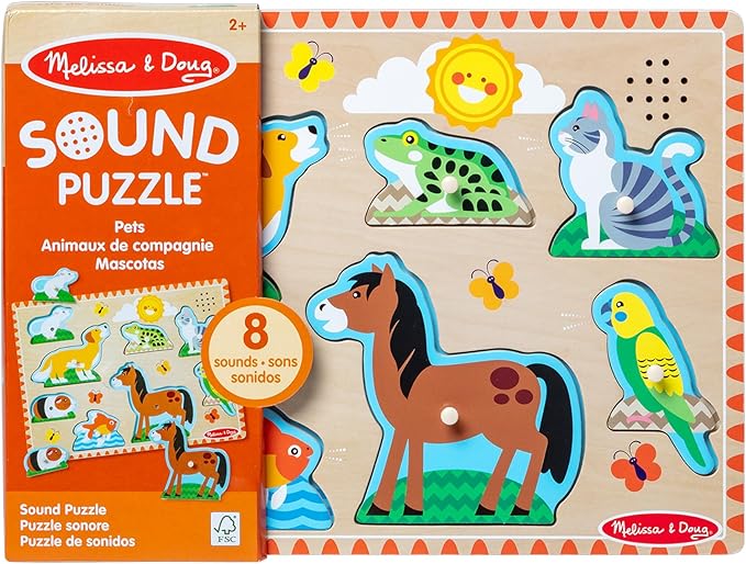 Melissa & Doug Zoo Pet Animals Sound Puzzle – 8-Piece Wooden Peg Puzzle with Light-Activated Sounds, Music Learning Toy for Toddlers and Preschoolers Ages 2+