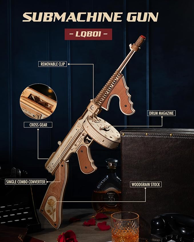 ROKR 3D Wooden Puzzles for Adults 275pcs Submachine Shooter Rubber Bands Wood Crafts DIY Building Model Kits Assembly Puzzle Gifts for Men Women Adults