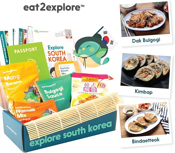 eat2explore Cooking Kits for Kids - Interactive & Educational Set with 3 Recipe Cards, Key Ingredients & Cooking Tools - Ideal Idea for Kids who Love to Create Meals (South Korea Edition)