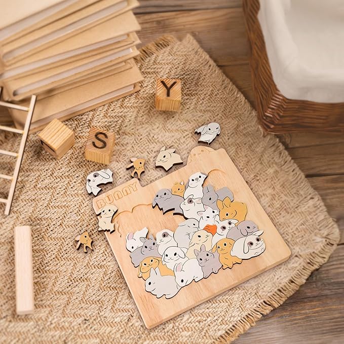 Wooden Bunny Puzzle Game, Wooden Jigsaw Puzzles for Adults Kids, Unique Rabbits Shape Puzzles, Christmas Birthday Gifts for Friends and Family, Bunny Lover Gifts for Home Decor