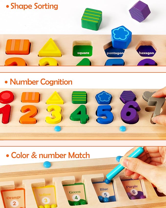 SYNARRY 3 in 1 Montessori Toys for 3+ Year Old, Educational Magnetic Color and Number Maze, Shape & Number Wooden Puzzle Counting Learning Toys for Toddlers 3-5 Years, Preschool Learning Activities