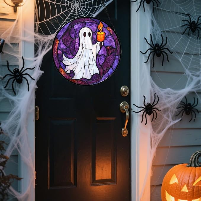 Stained Glass Window Hanging - Halloween Decorations Ghost Suncatcher for Doors Garden Indoor Spooky Funny Purple Sun Catchers Gothic Decor Horror Gifts for Women Men Friend 7.8 in