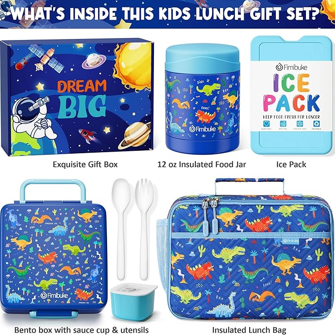 Fimibuke Kids Bento Snack Lunch Box with 4 Compartment, Insulated Bag, Stainless Steel Vacuum Thermos Food Jar, Ice Pack, Utensils Set, Birthday Gift for Age 3-12 Back to School Toddler Girl Boy
