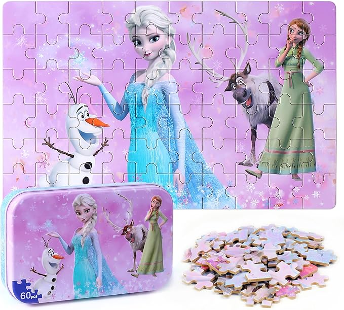 LELEMON Pretty Girl Puzzles for Kids Ages 4-6, Snowman 60 Piece Puzzles for Kids Ages 3-5,Children Jigsaw Puzzles in a Metal Box,Educational Learning Puzzle Toys for Girls and Boys