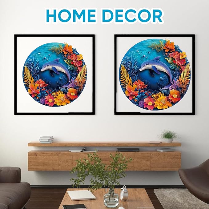 Ruikiyart Wooden Puzzles for Adults, 5MM 500 Pieces Dolphin Wooden Jigsaw Puzzles, Sea Animal Unique Shaped Puzzle Gifts for Adults and Kids on Thanksgiving, Family Puzzle Games(16.5"*16.5")