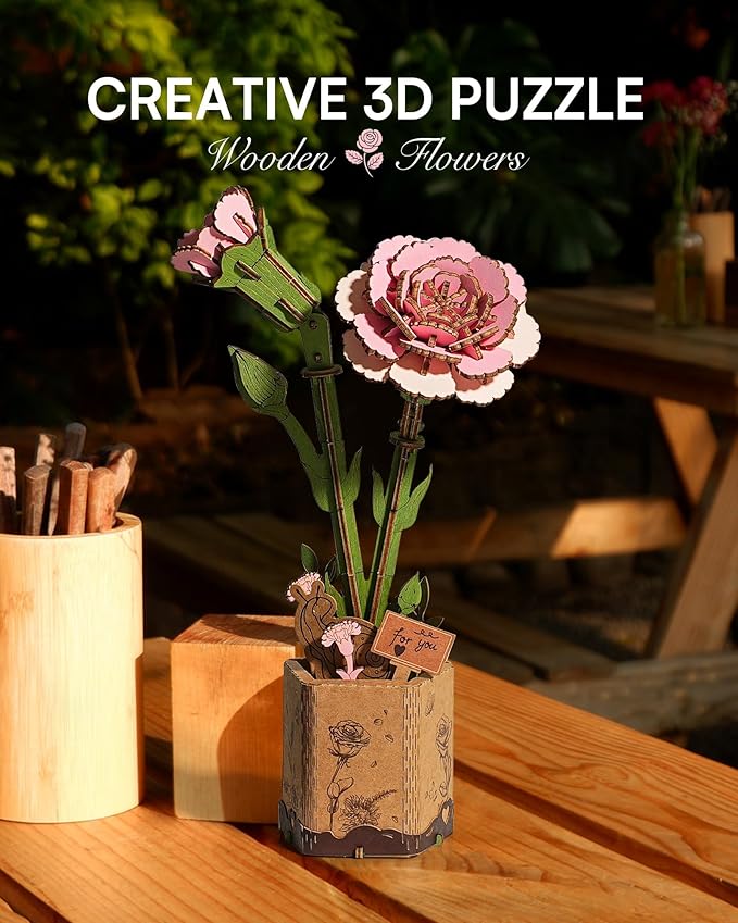 3D Flower Wooden Puzzles for Adults-Pink Carnation, DIY Wooden Flowers Model Kit Building Set Crafts for Adults to Build, Botanical Collection/Ideal Creative Gift Ideas/Housewarming (124PCS)