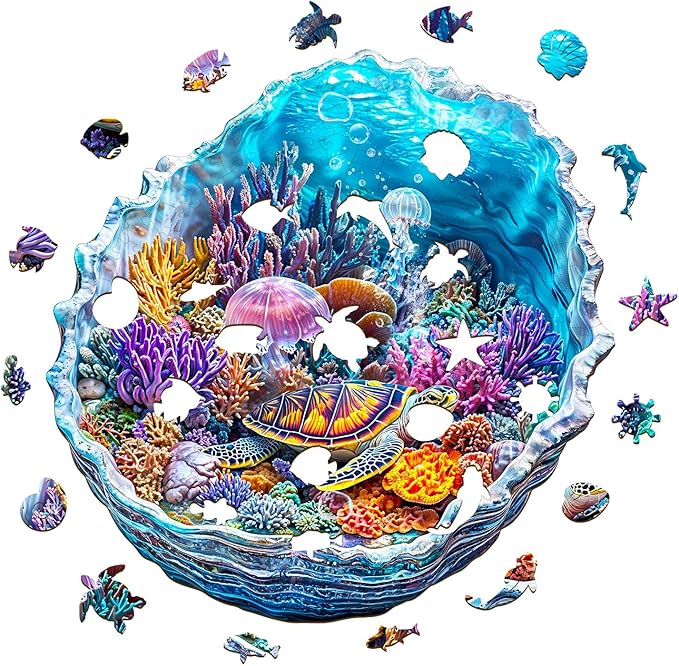KAAYEE Wooden Puzzles for Adults, 3D Visual Effect Ocean's Embrace Turtle Wooden Jigsaw Puzzle Unique Shape Wood Puzzle Adult, 3D Effect Flat Puzzle Birthday Family Games (S-8.5 * 8.4in-90pcs)