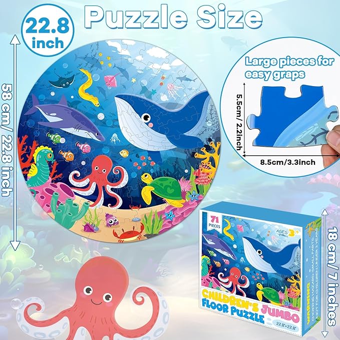 Puzzles for Kids Ages 4-8, 71 Piece Jumbo Large Underwater Ocean Floor Puzzle Sea Animals Shark Round Puzzles for Toddler Children 3-5 Educational Learning Toys for Boys Girls Birthday