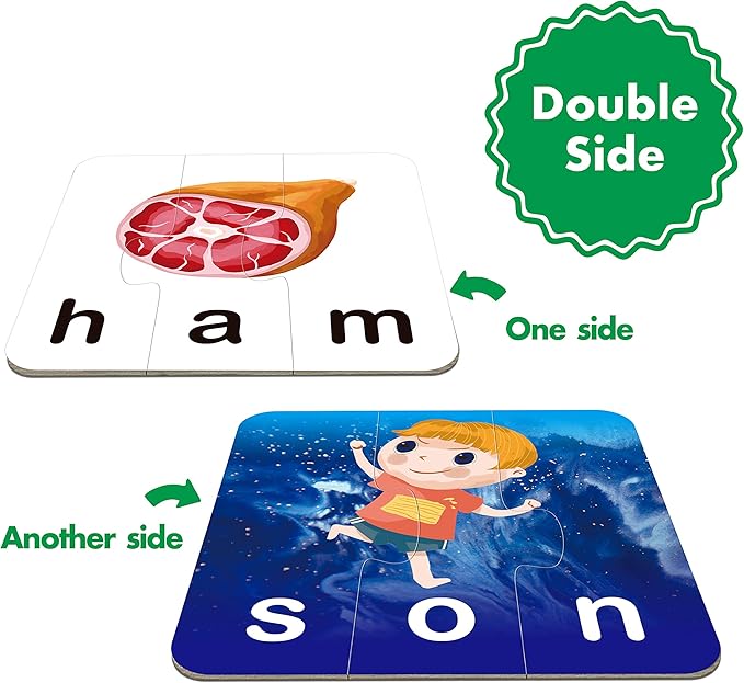 72 Word Spelling Puzzles with Error-Correction Mechanism in 3 Pieces, Perfect for Preschool Learning (36 Block Double Sided)