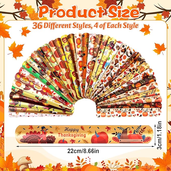 LUYI 144 Pcs Thanksgiving Slap Bracelets，Thanksgiving Party Favors Supplies -36 Different Designs Bracelets Bulk for Thanksgiving Decorations Treat Toys Bag Stuffers Gift