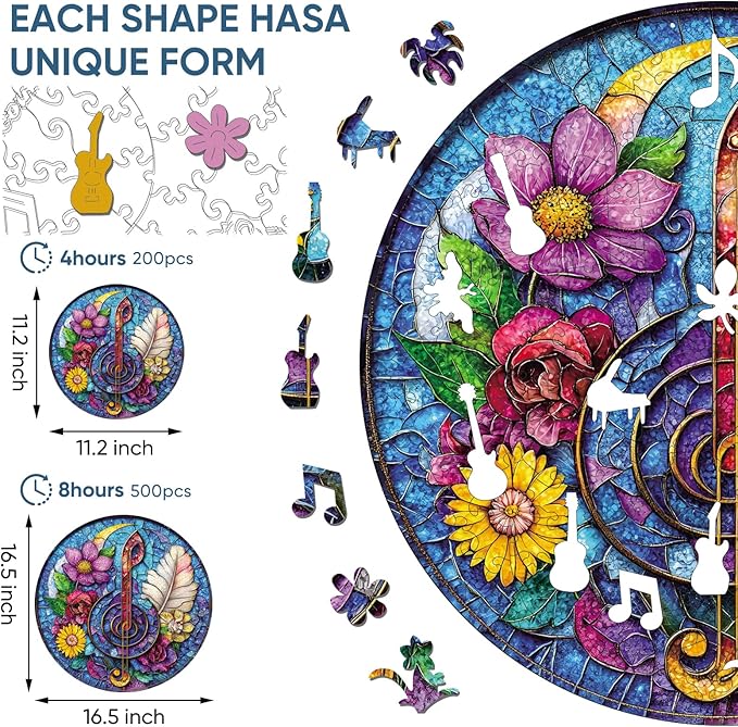 Wooden Puzzles for Adults 500 Piece, Flower Guitar Puzzle for Mom, Challenging Puzzle, Luxurious Shaped Wooden Puzzles for Family Game 16.5 * 16.5in