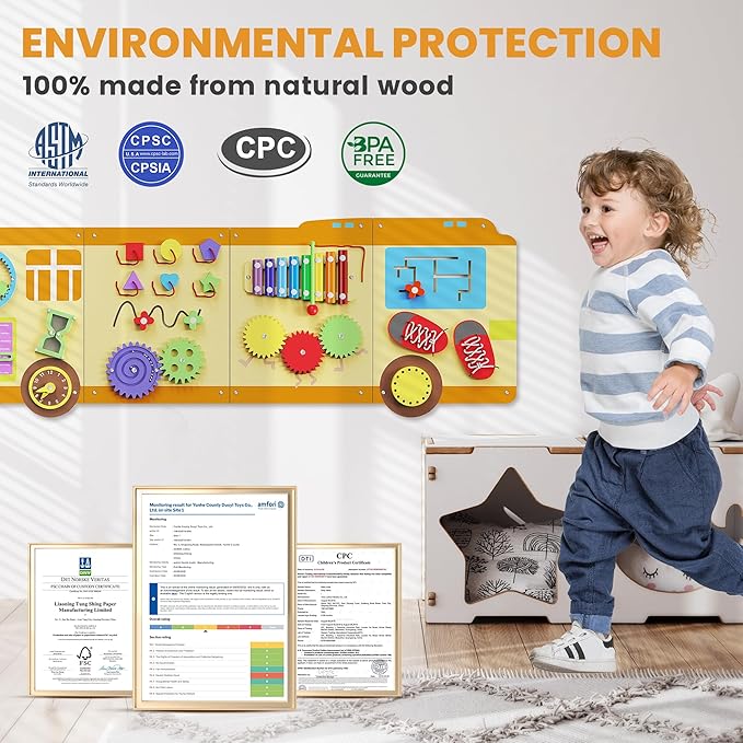 BlueWood School Bus Wall Busy Board Panels, Toddler Learning Activity Center, Montessori Philosophy Sensory, Educational Toys, Conducive to All-Round Development
