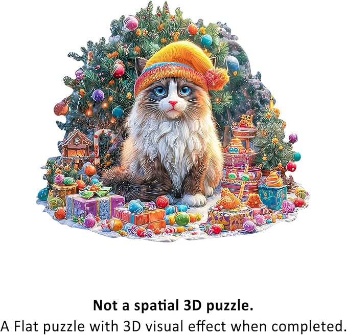 Wooden Puzzles for Adults - Christmas Cat Wooden Jigsaw Puzzle 86 pcs - Unique Animal Shape Wood Cut Puzzles - Eco-Friendly Home Office Decor (8.4 * 7.4in)