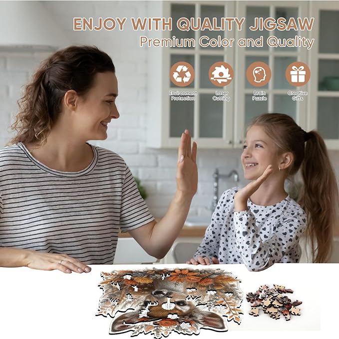 Ruikiyart Wooden Puzzles for Adults, 5MM 500 Pieces Cute Deer Wooden Jigsaw Puzzles, Animal Puzzle Unique Shape Pieces Gift for Kids and Adults on Birthday, Thanksgiving, Christmas (16.7"x16.9")