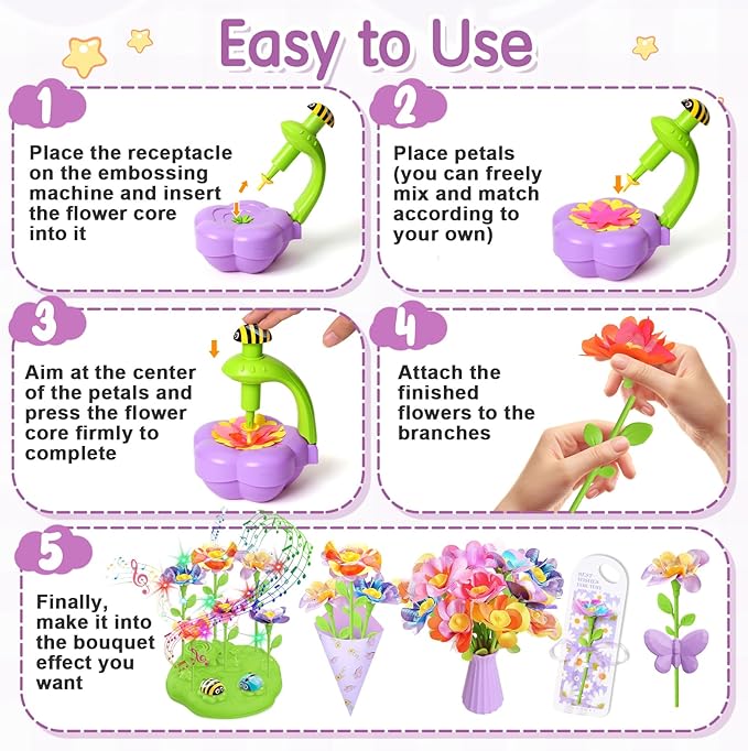 Fabric Flower Bouquets Toys with Music and Light, DIY Arts and Crafts Kit Toys for Kids Ages 4-8, Preschool Educational Activity Toy, Toddler Girls Christmas Birthday gifts for 4 5 6 7 8 Year Old Girl