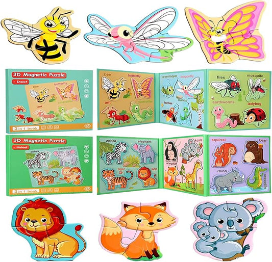 Magnetic Puzzles for Kids Ages 3-5, Magnetic Board for Toddlers Ages 3 4 5 6, Refrigerator Magnets,Toddler Travel Activities for 4-8 Year Old Boys and Girls（2 Pack, Animal+Insect）