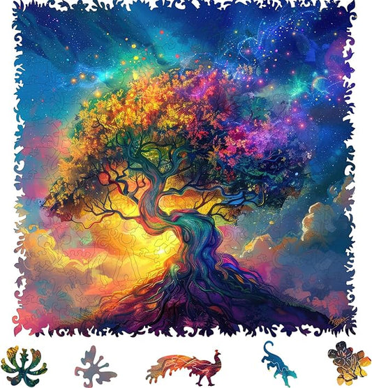 Wooden Puzzles for Adults, Colorful Tree of Life Jigsaw Puzzles 200 Piece, 11.3x11.1in, Unique Shaped Wood Plant Puzzles, Fun Challenging Creative Gifts for Adults and Kids Family Game